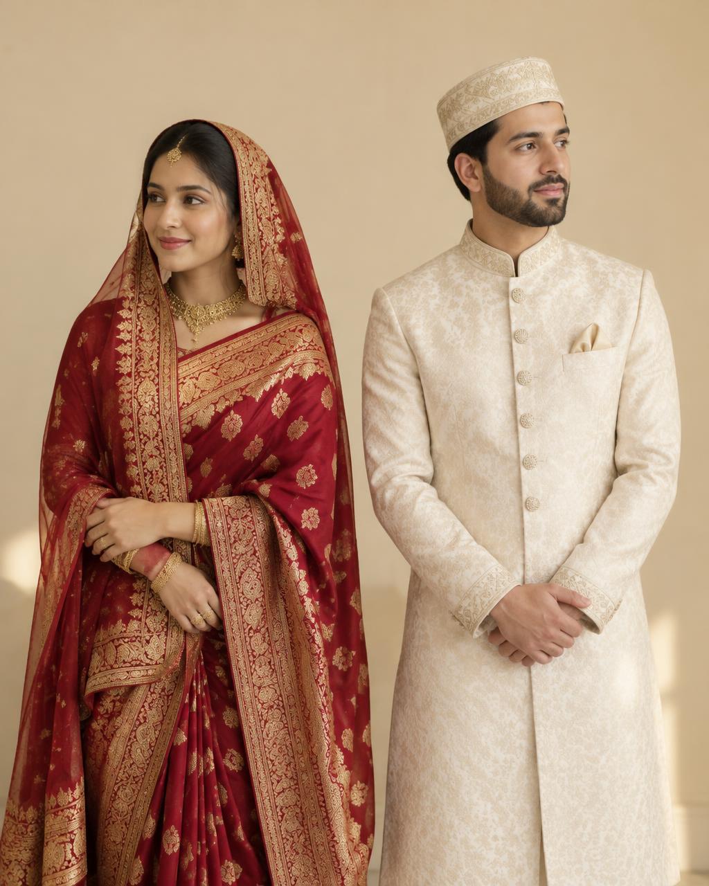 A Bangladeshi bride and groom in traditional wedding attire