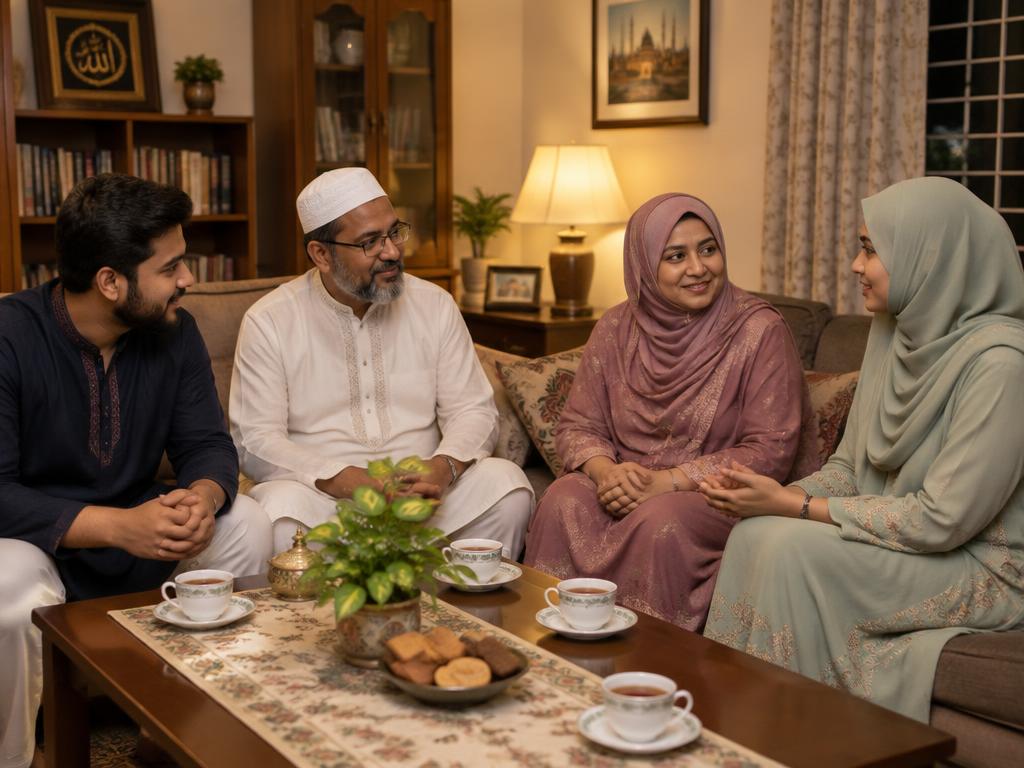 A Bangladeshi family with parents and their adult children sharing tea in their living room