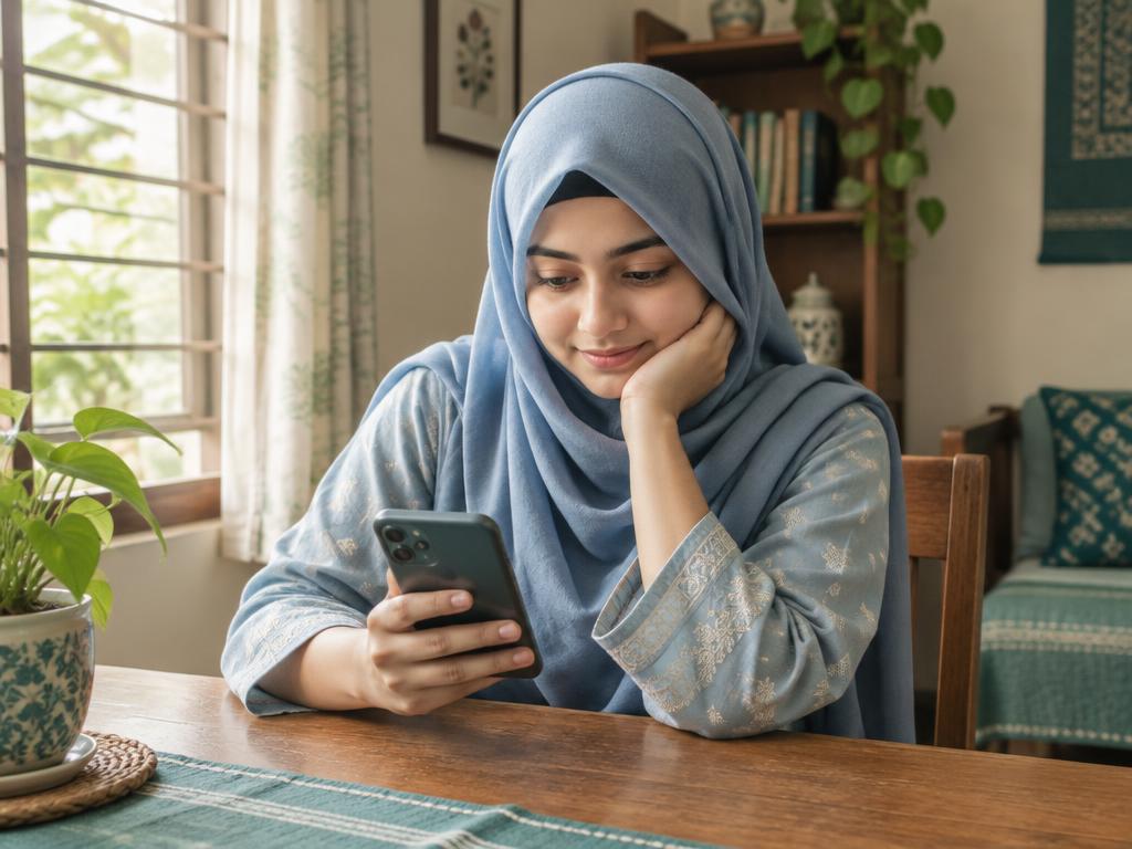 A young Bangladeshi woman in a dusty-blue hijab reading a message on her phone at a table in her home