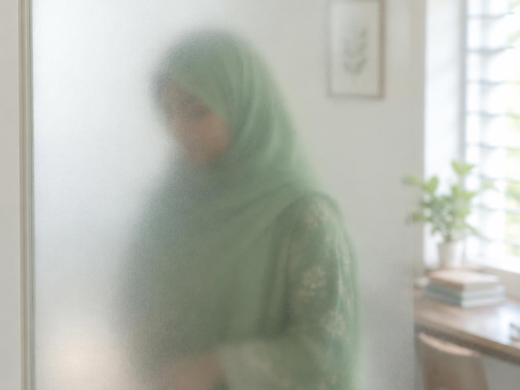 A woman in a green hijab seen through frosted glass, her features gently hidden
